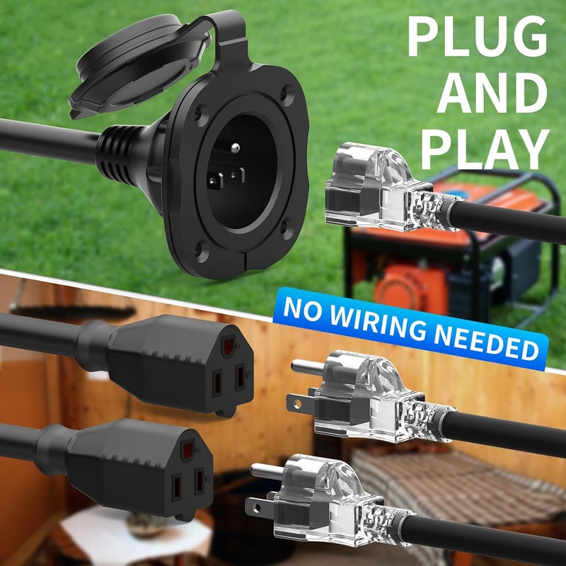 BEBOBLY 15 Amp AC Port Plug, 125V Power Inlet Socket with Waterproof Cover & Integrated Dual 18" Extension Cord, 2 Pole 3-Wire NEMA 5-15 Flanged Generator Inlet Plug for RV Boat Electrical Connections - Image 3